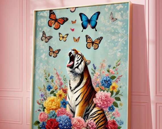 Yawning Tiger Roaring Among Butterflies And Colorful Flowers Poster