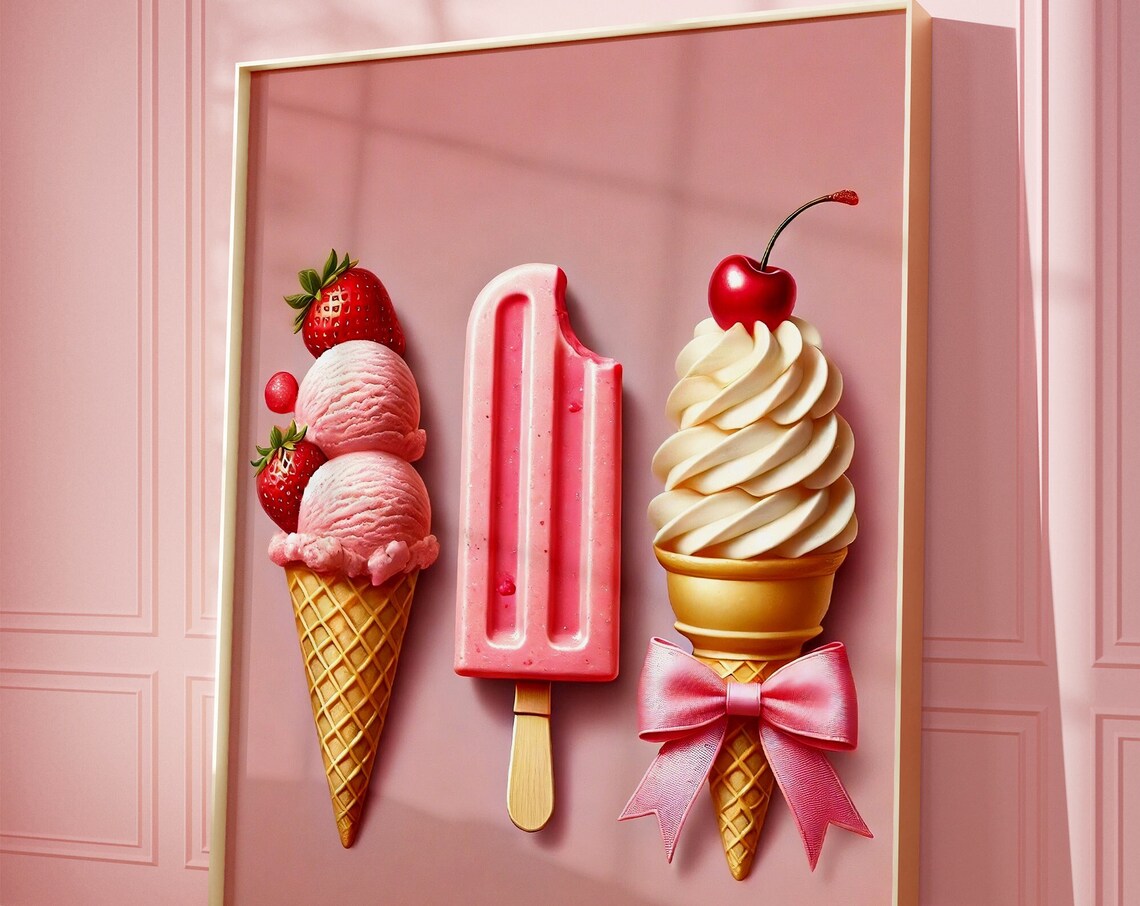Pink Strawberry Ice Cream Trio Cute Summer Sweet Dessert Poster
