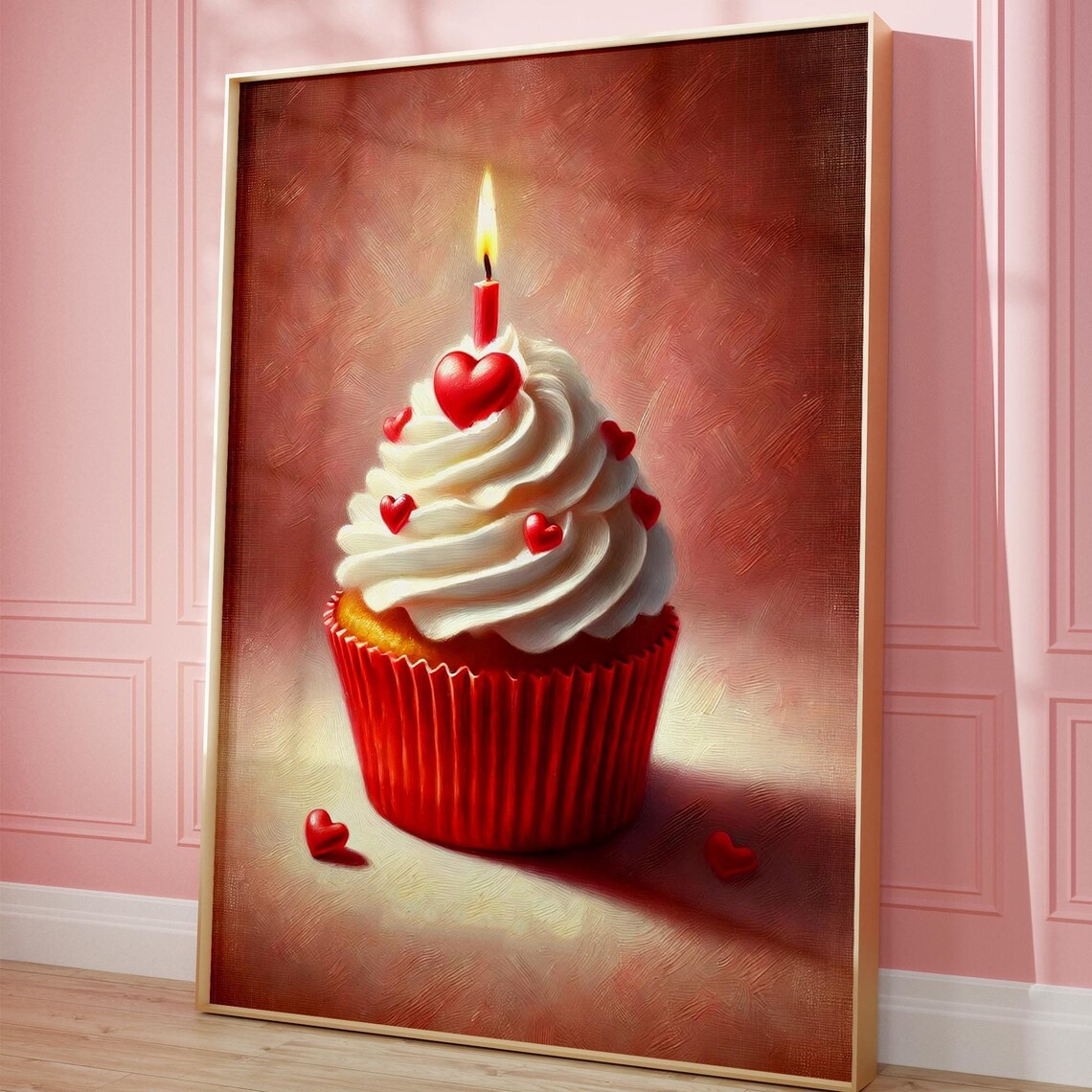 Valentine Cupcake with Candle Painterly Heart Dessert Poster