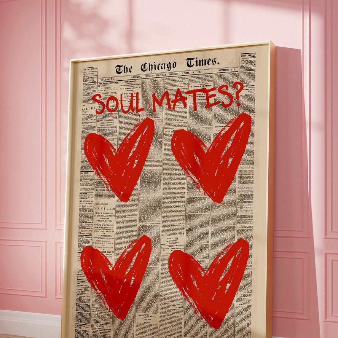 Soul Mates Chicago Times Vintage Newspaper Red Hearts Love Poster - Image 4