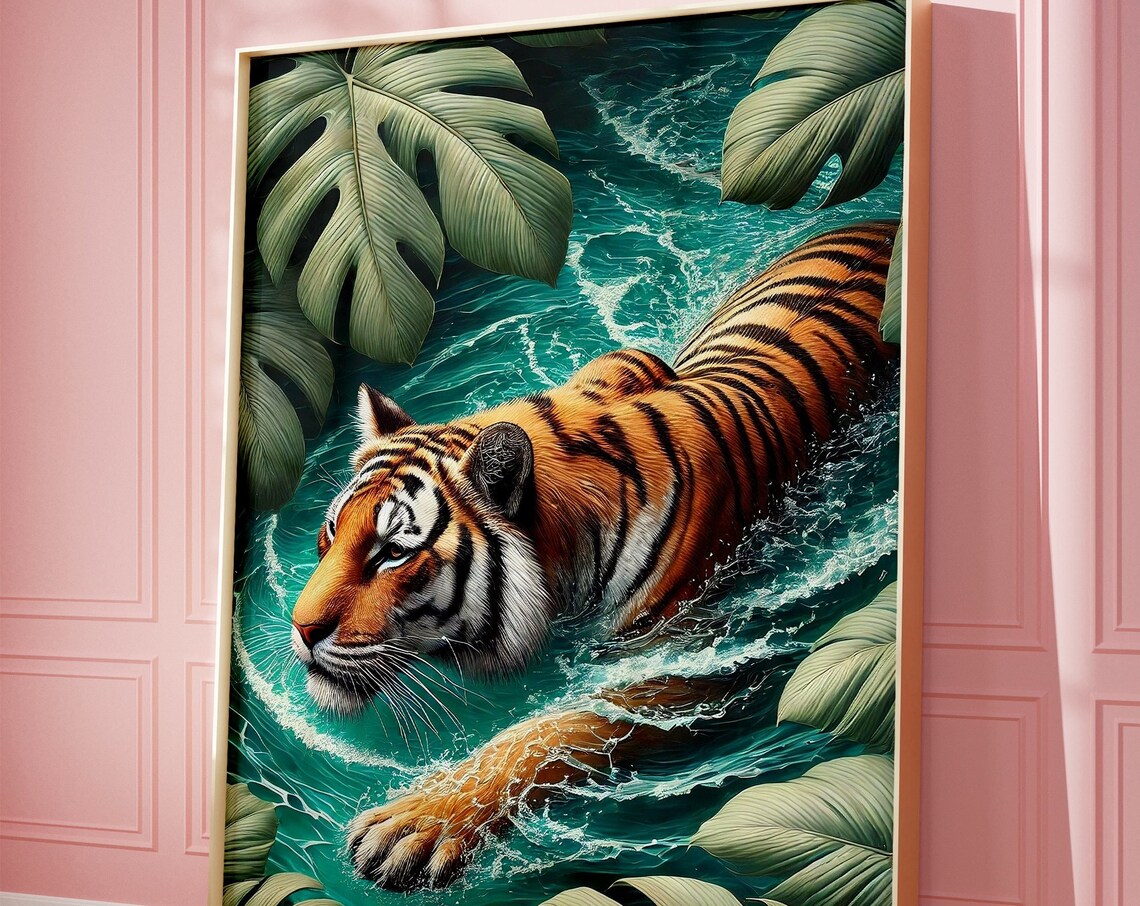 Tiger Swimming Through Turquoise Jungle Water Wildlife Art Poster