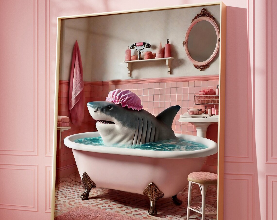 Great White Shark in Pink Tub, Funny Bathroom Art Print