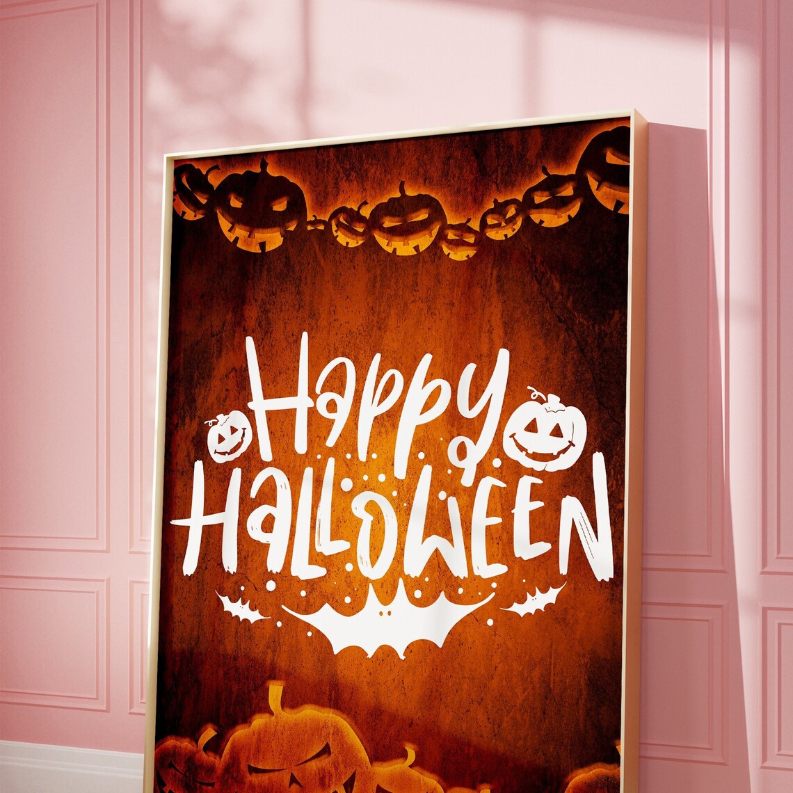 Happy Halloween Typography Poster Orange Pumpkin Spooky Party Wall Decor