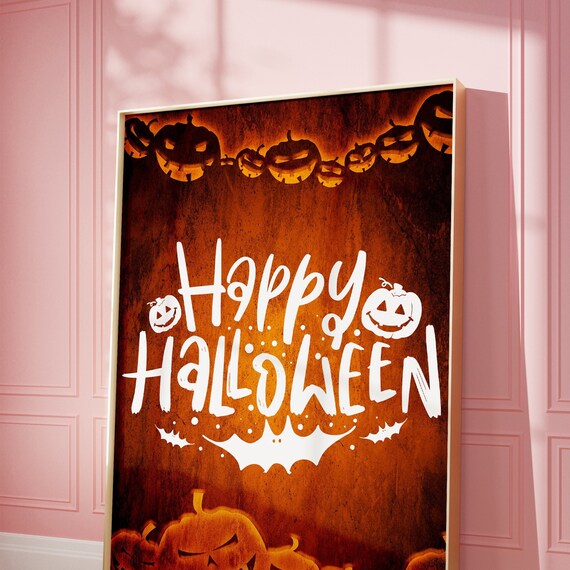 Happy Halloween Typography Poster Orange Pumpkin Spooky Party Wall Decor