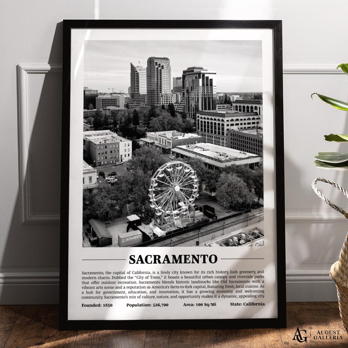 Sacramento Skyline Ferris Wheel Black and White California City Poster