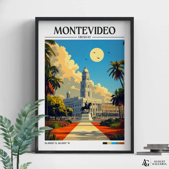 Montevideo Uruguay Retro Travel Print Wall Art Framed Canvas Poster Illustration Wanderlust