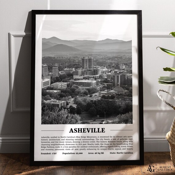 Asheville North Carolina Black And White Skyline City Print With Key Facts