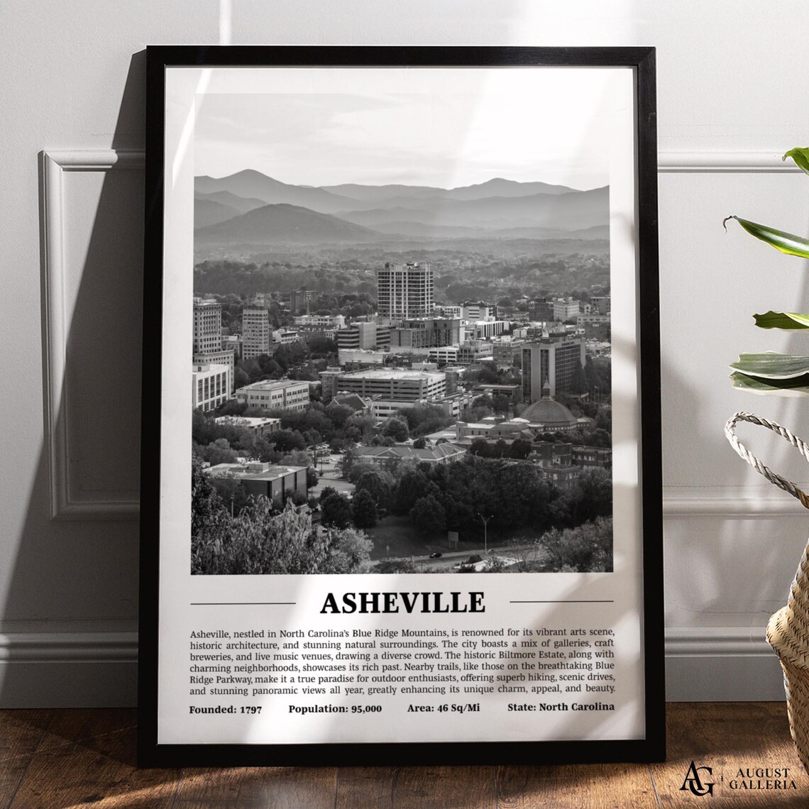 Asheville North Carolina Black And White Skyline City Print With Key Facts