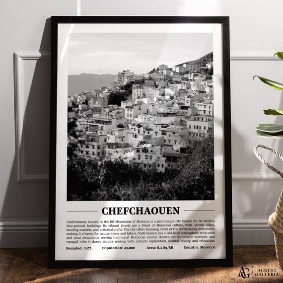 Chefchaouen Black And White Skyline Travel Poster Morocco Mountains