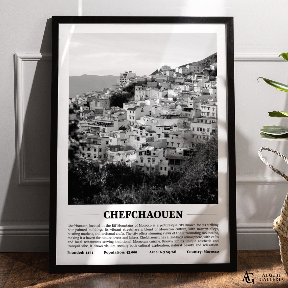 Chefchaouen Black And White Skyline Travel Poster Morocco Mountains