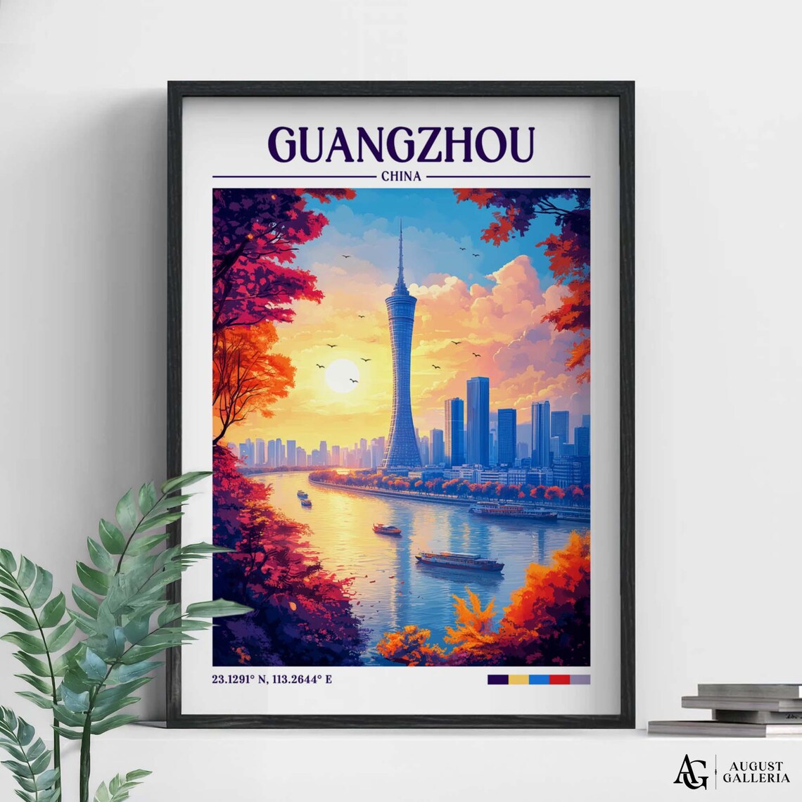 Guangzhou China Tower River Sunset Retro Travel Skyline Poster
