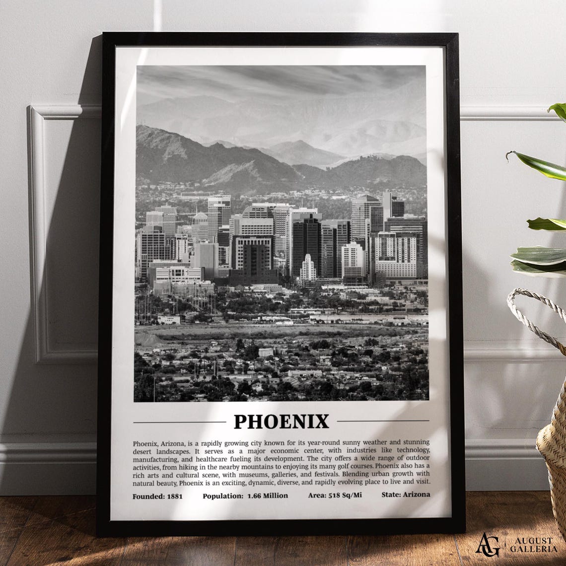 Phoenix Arizona Black White Desert Skyline Mountain View Poster