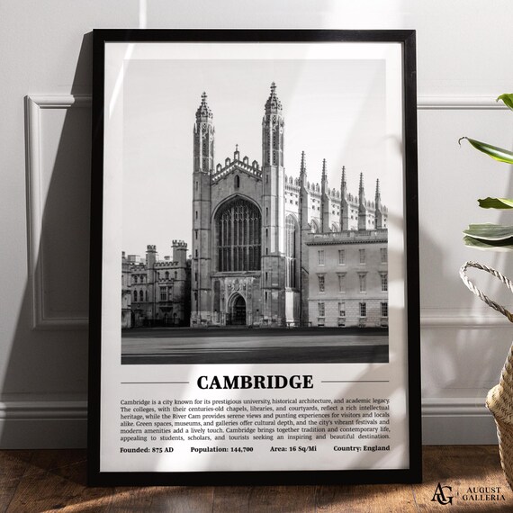 Cambridge Kings College Chapel Black and White City Travel Poster