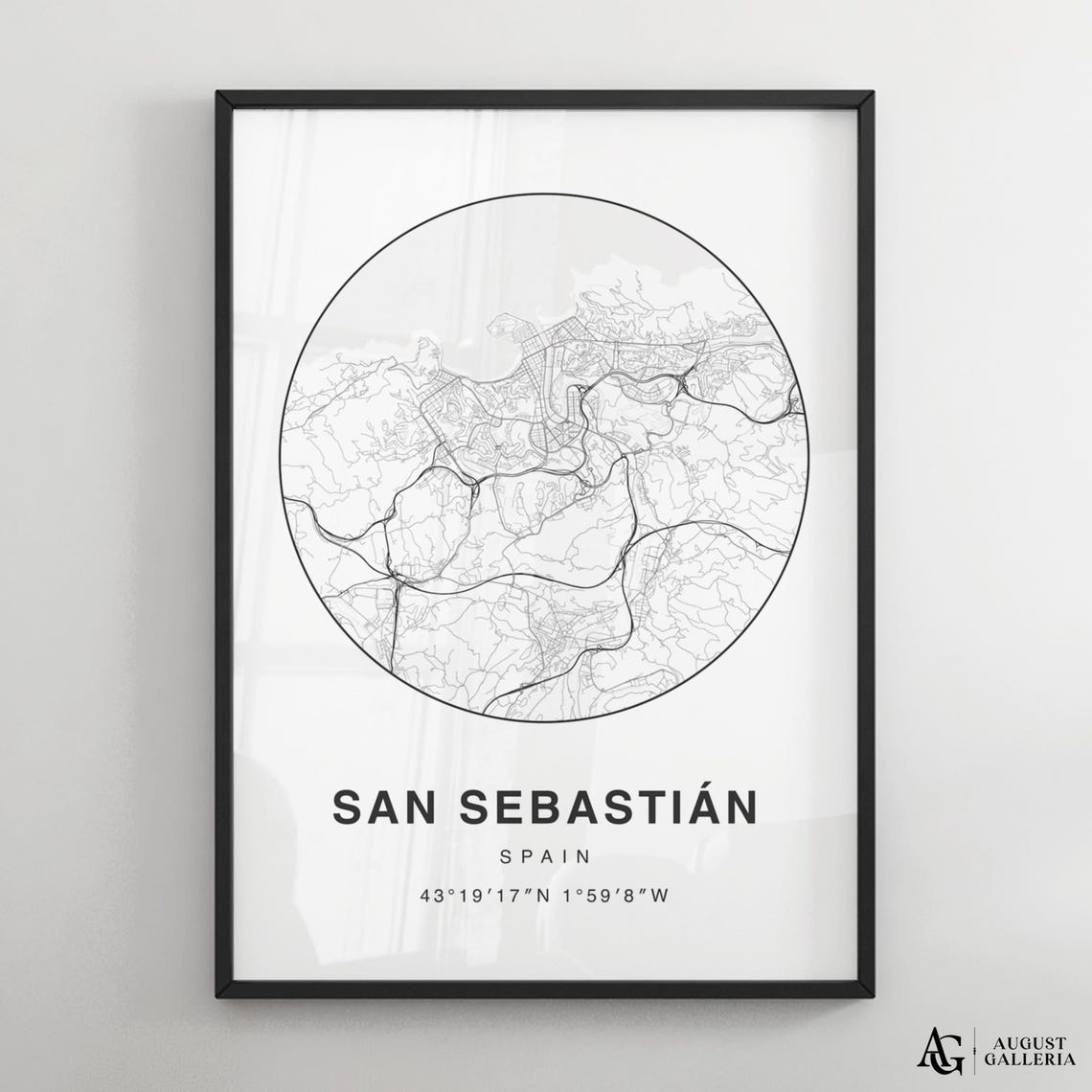 San Sebastian Spain Minimalist Black and White City Map Poster