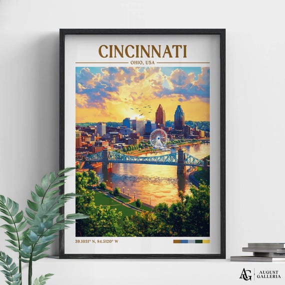 Cincinnati Ohio Retro Travel Print Wanderlust Posters Illustration Wall Art Framed Prints Canvas Poster