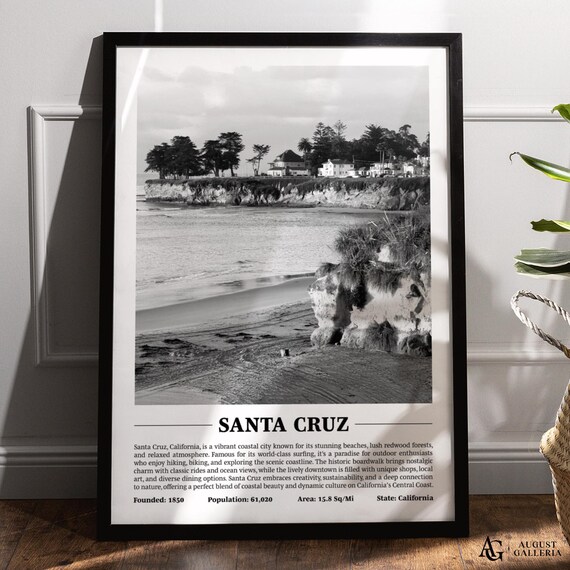 Santa Cruz California Beach Cliffs Boardwalk Black White Travel Art Poster