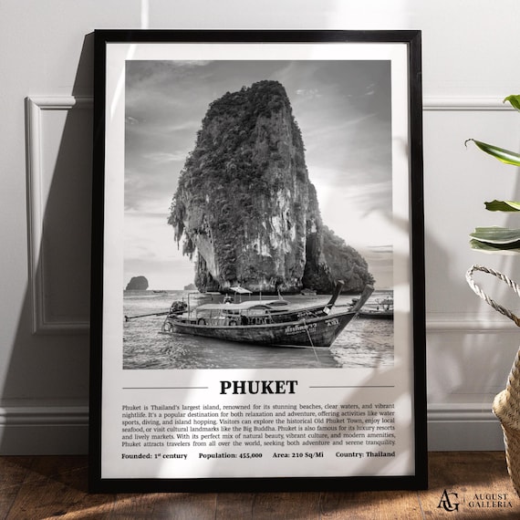 Phuket Thailand Limestone Karst Longtail Boats Black White Travel Poster