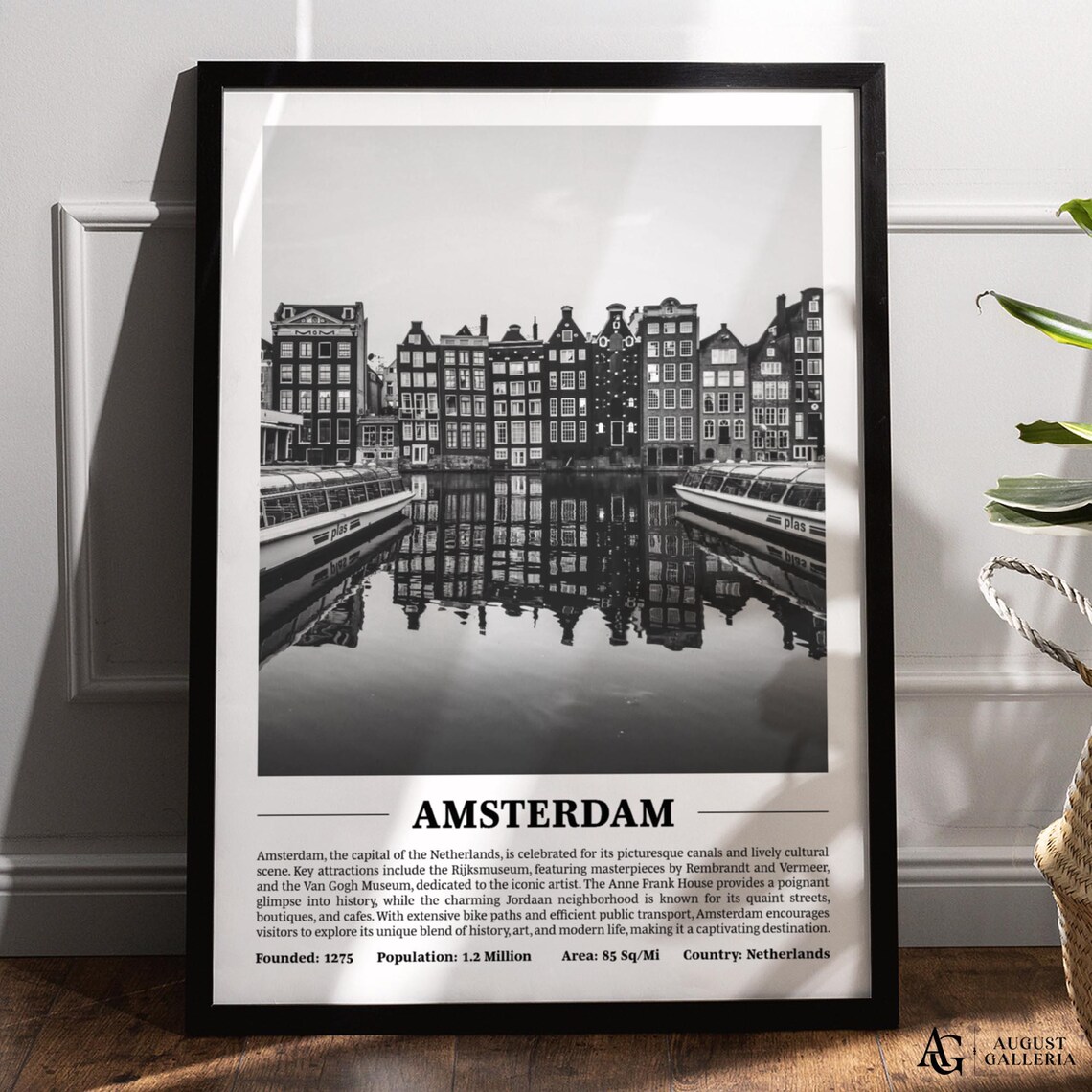 Amsterdam Canal Houses Reflection Black And White City Photo Poster