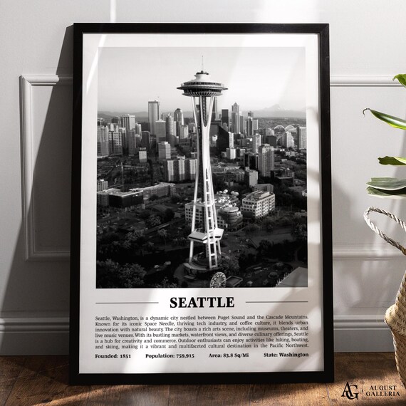 Seattle Washington Black White City Skyline Space Needle Poster