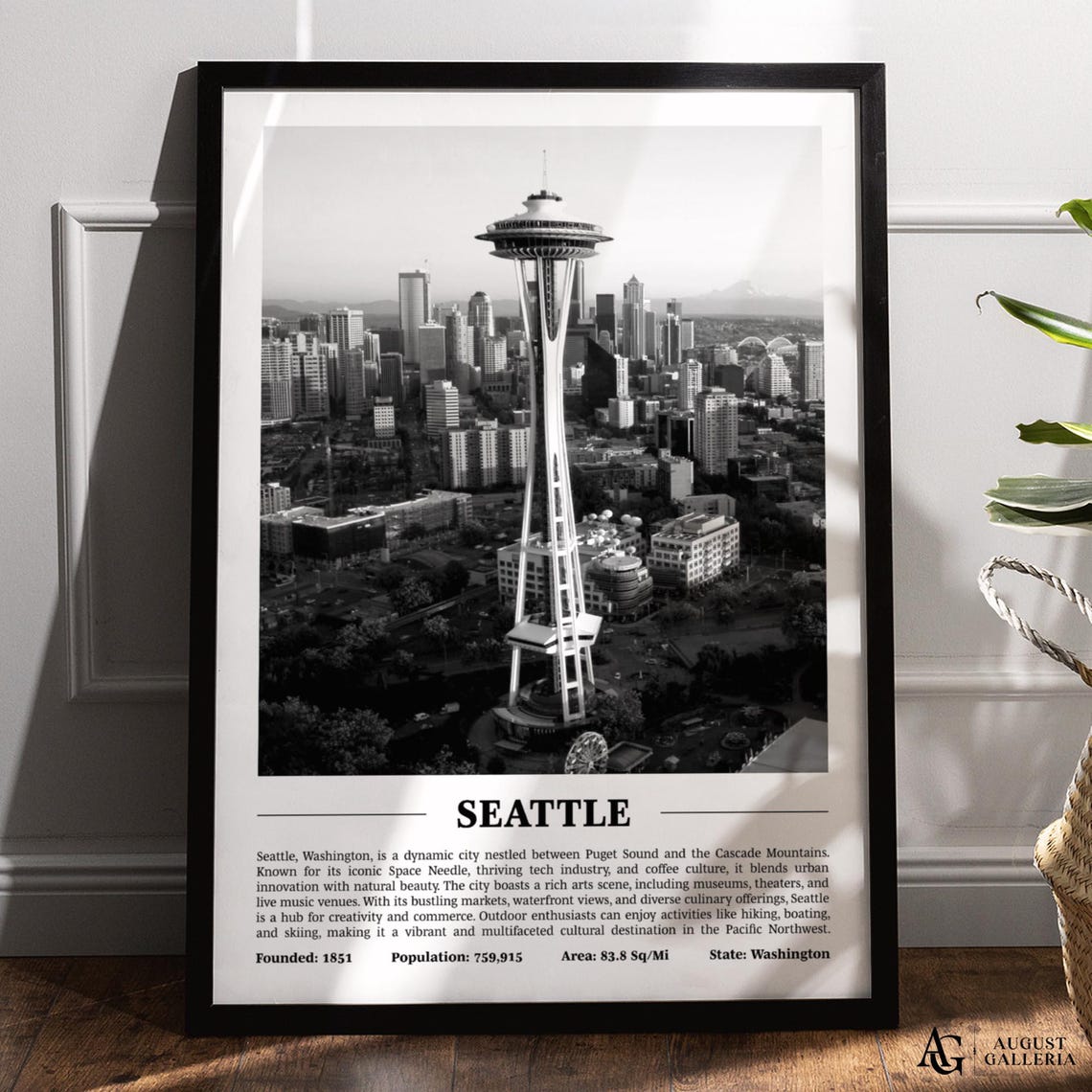 Seattle Washington Black White City Skyline Space Needle Poster