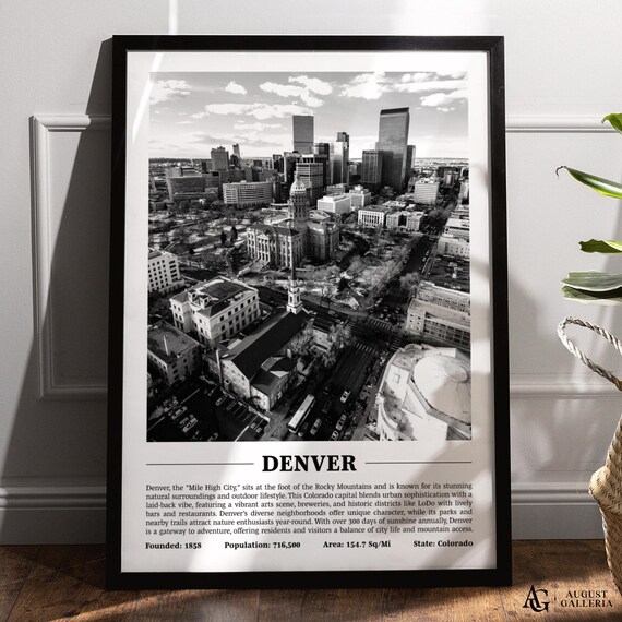 Denver Colorado Black And White Mile High City Aerial Skyline Poster