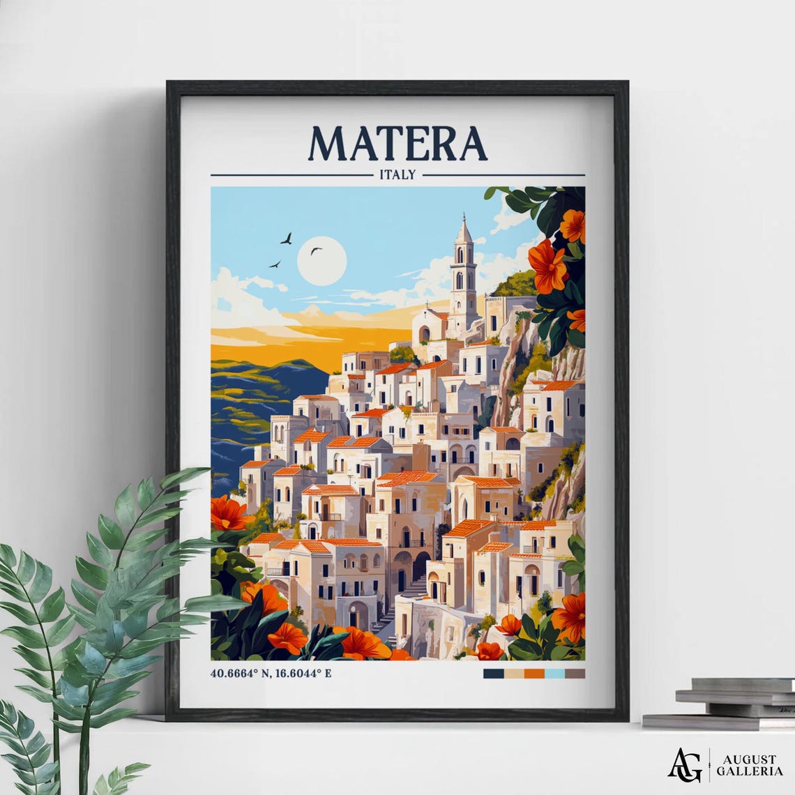 Matera Italy Retro Travel Hillside White Town Illustration Poster