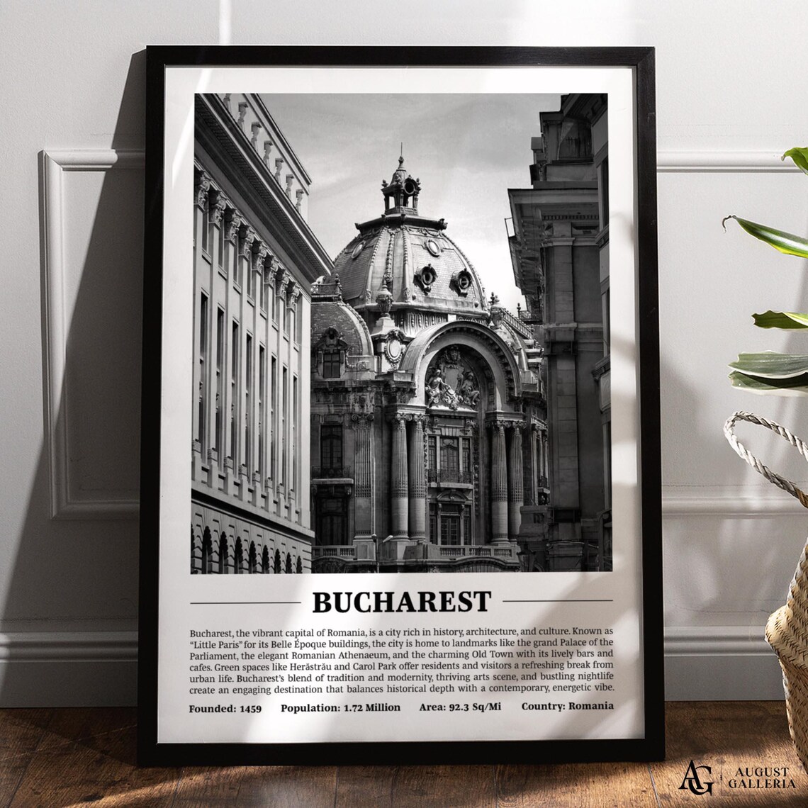 Bucharest Romanian Athenaeum Black and White City Travel Poster