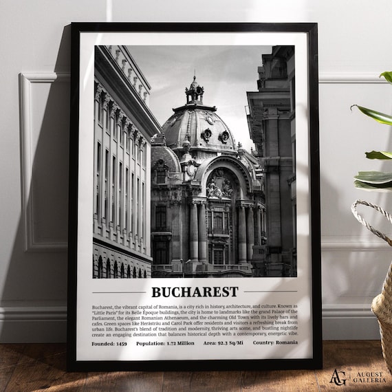 Bucharest Romanian Athenaeum Black and White City Travel Poster