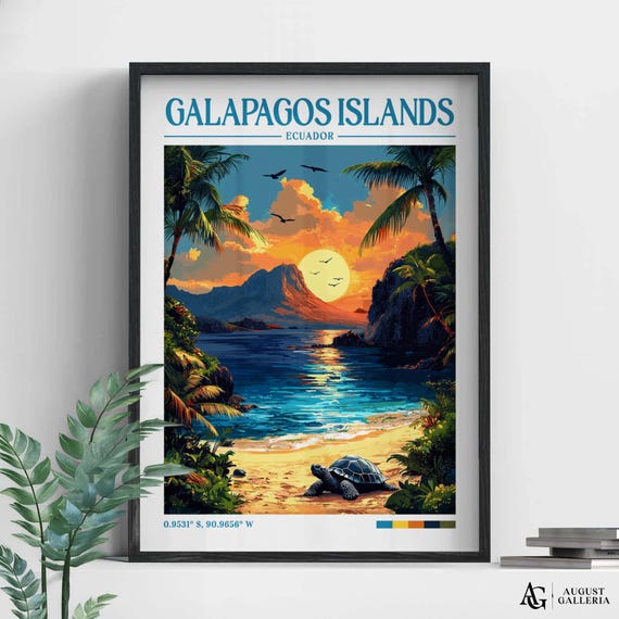 Galpagos Islands Retro Travel Print Wanderlust Posters Illustration Wall Art Framed Prints Canvas Poster