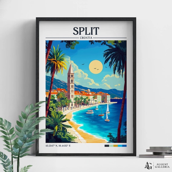 Split Croatia Retro Travel Poster Bell Tower Waterfront Sailboats Sunny Bay