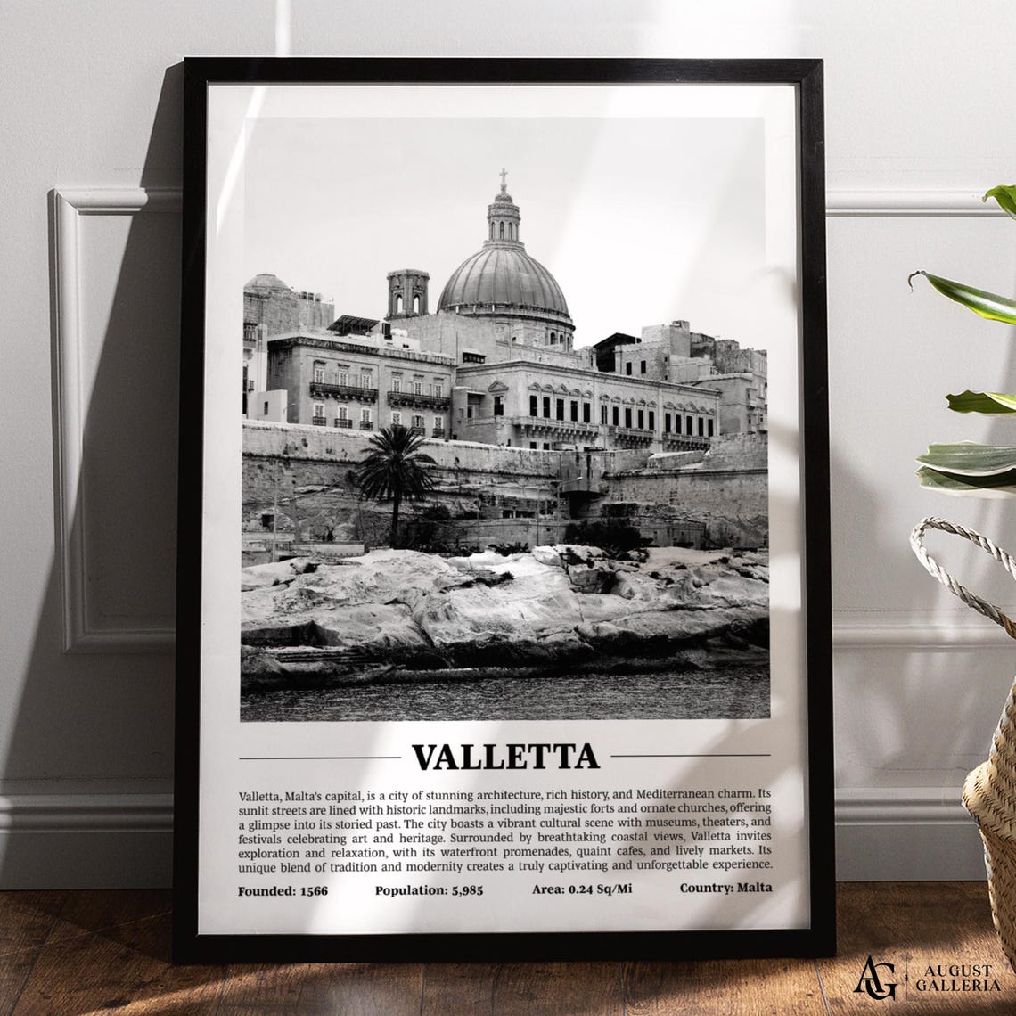 Valletta Malta Harbor Domes Black and White City Travel Poster
