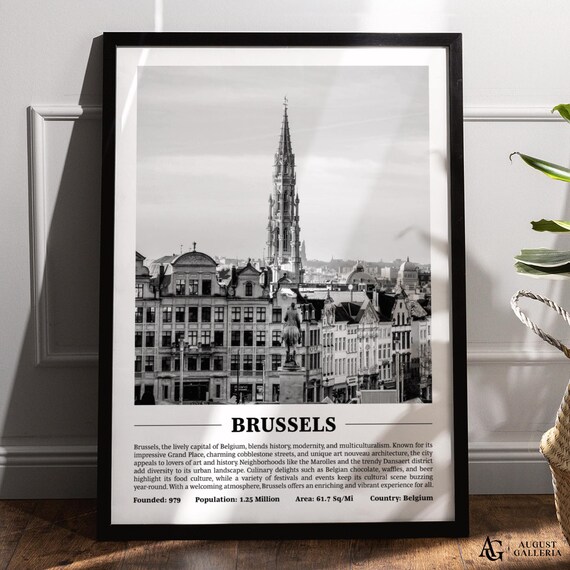 Brussels Grand Place Town Hall Black and White City Travel Poster