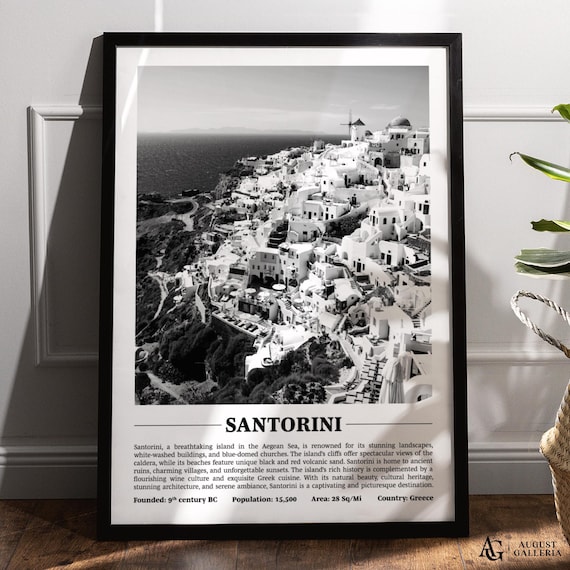 Santorini Greece Oia Whitewashed Cliffs Aegean Sea Black White Travel Poster