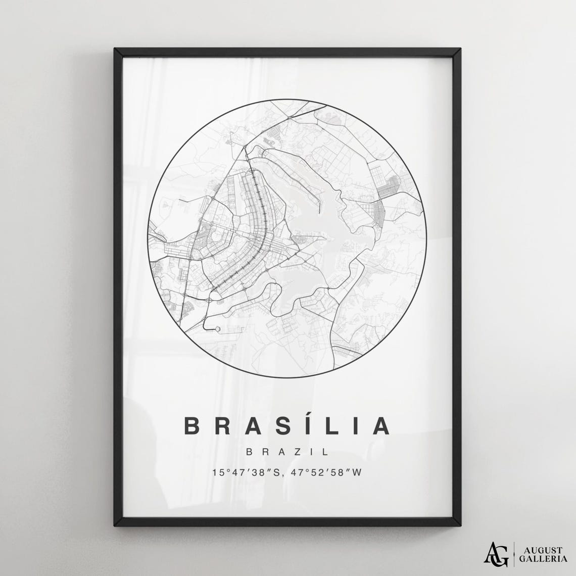 Brasilia Brazil Black White Minimalist Circle Map Coordinates Print