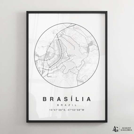 Brasilia Brazil Black White Minimalist Circle Map Coordinates Print