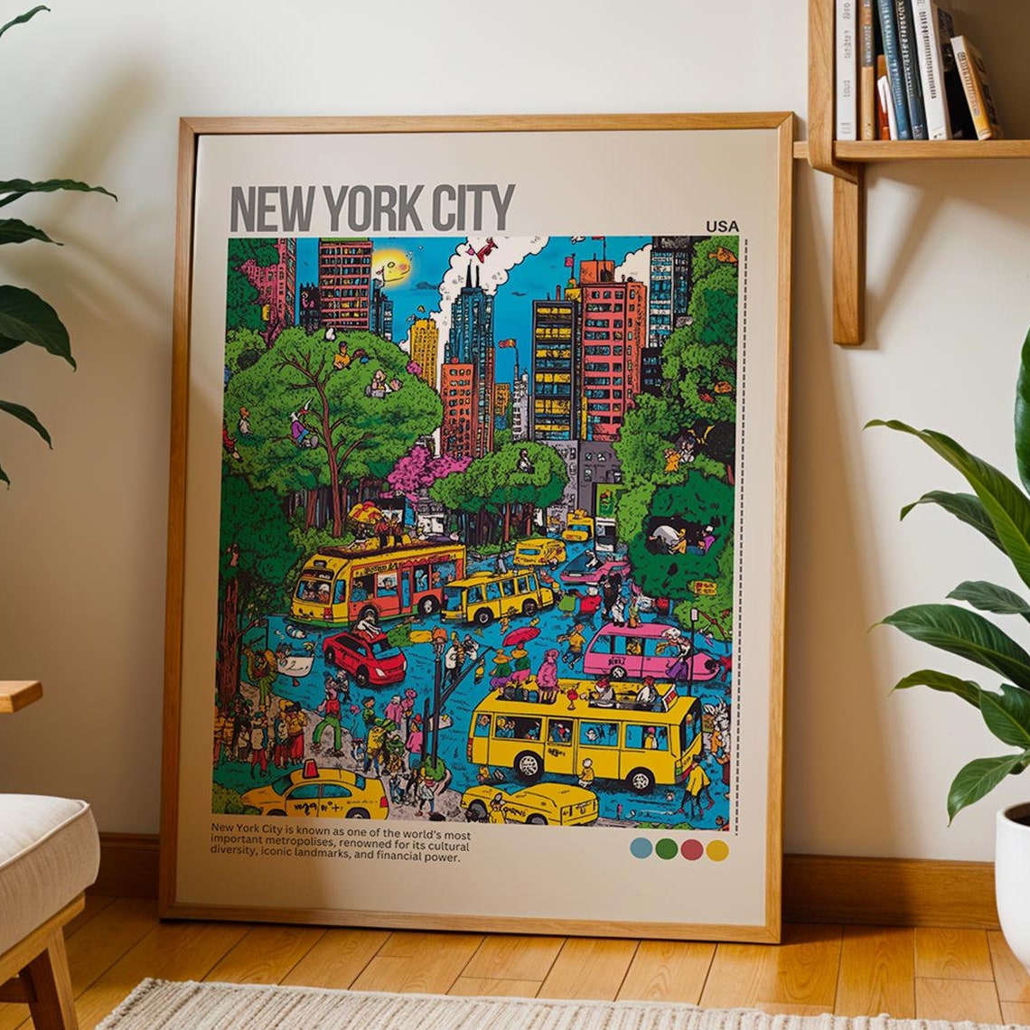 New York City Cartoon Central Park Cabs Buses Whimsical Poster