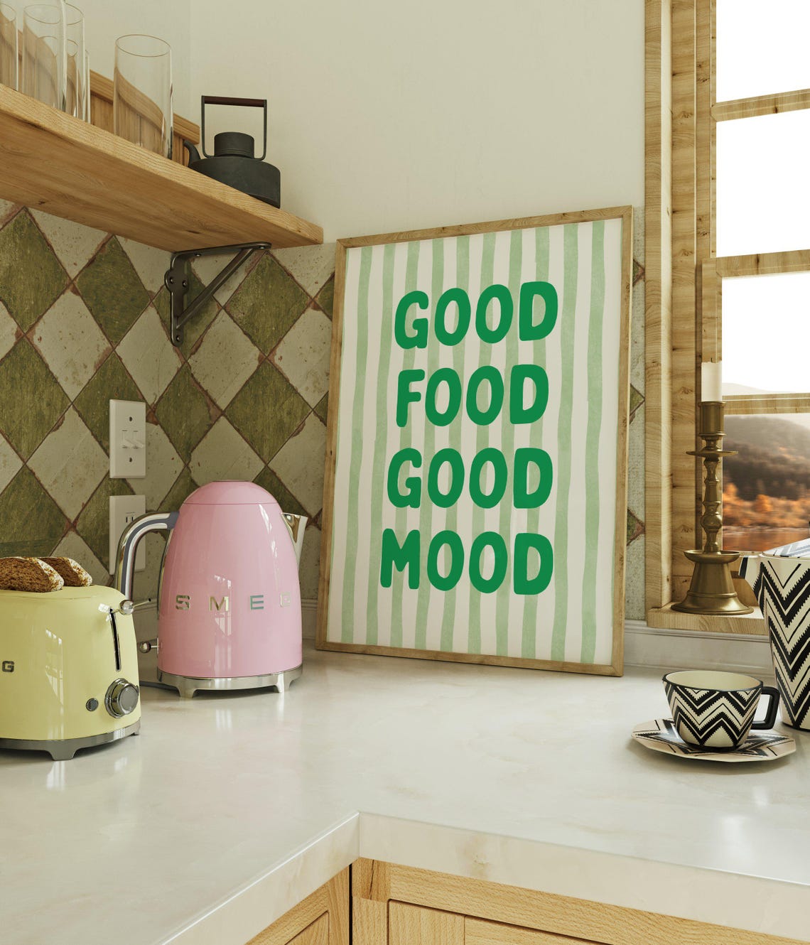 Good Food Good Mood Green Lettering Mint Striped Kitchen Art Poster