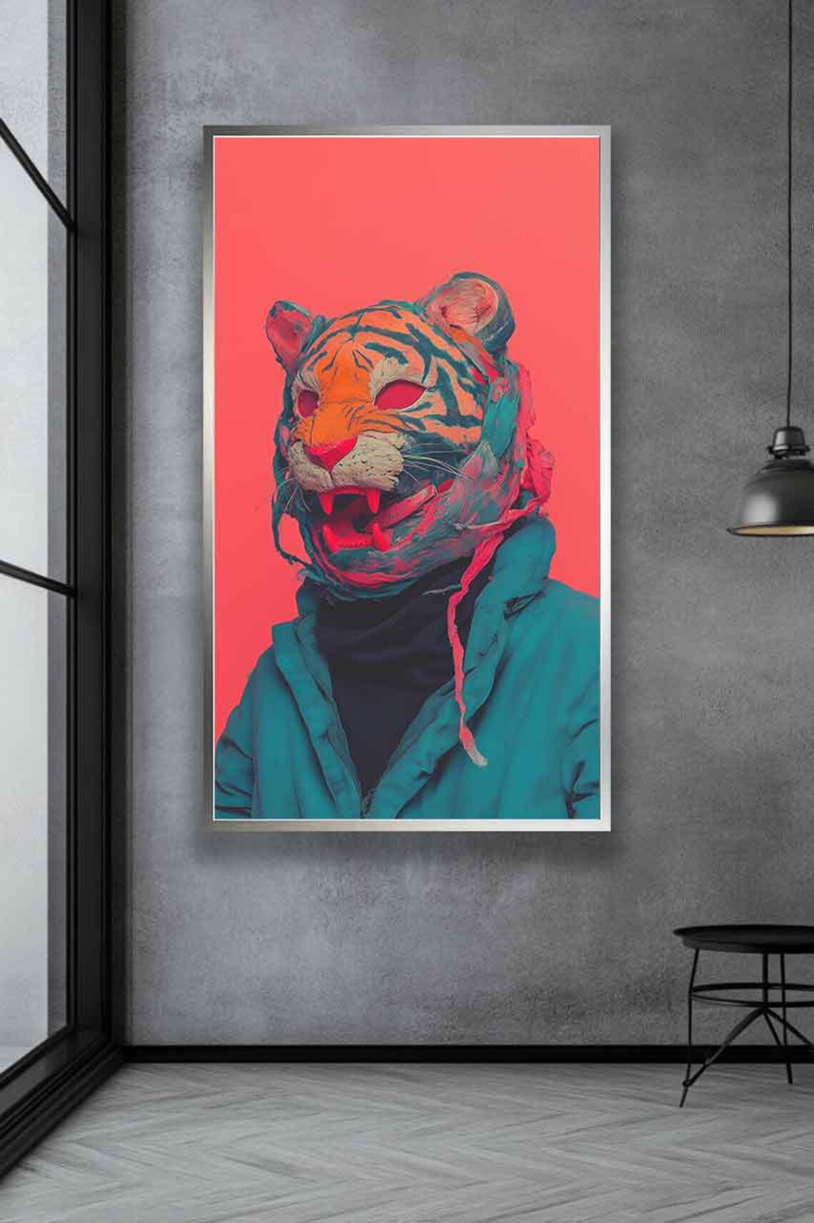 Neon Pop Art Tiger Wearing a Jacket on a Bold Red Background Poster - Image 4