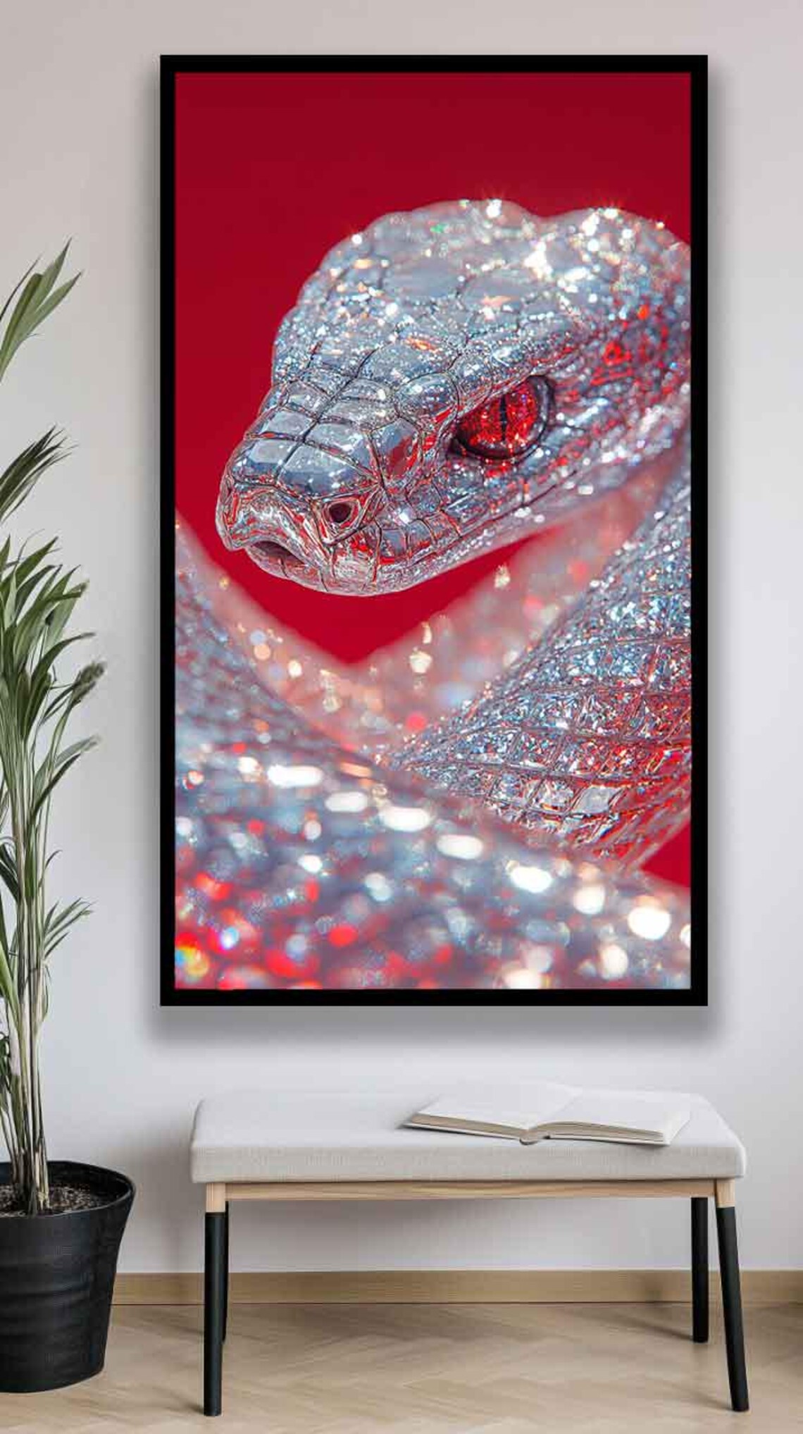 Diamond Crystal Snake With Glowing Red Eyes on a Red Background Poster - Image 2