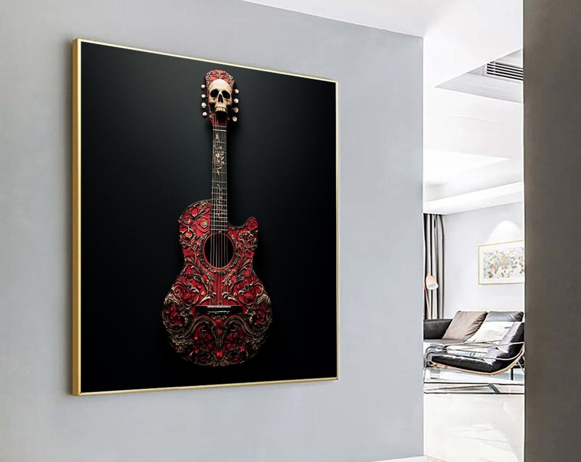 Red Ornate Acoustic Guitar with Skull Headstock Dark Detail Poster - Image 5