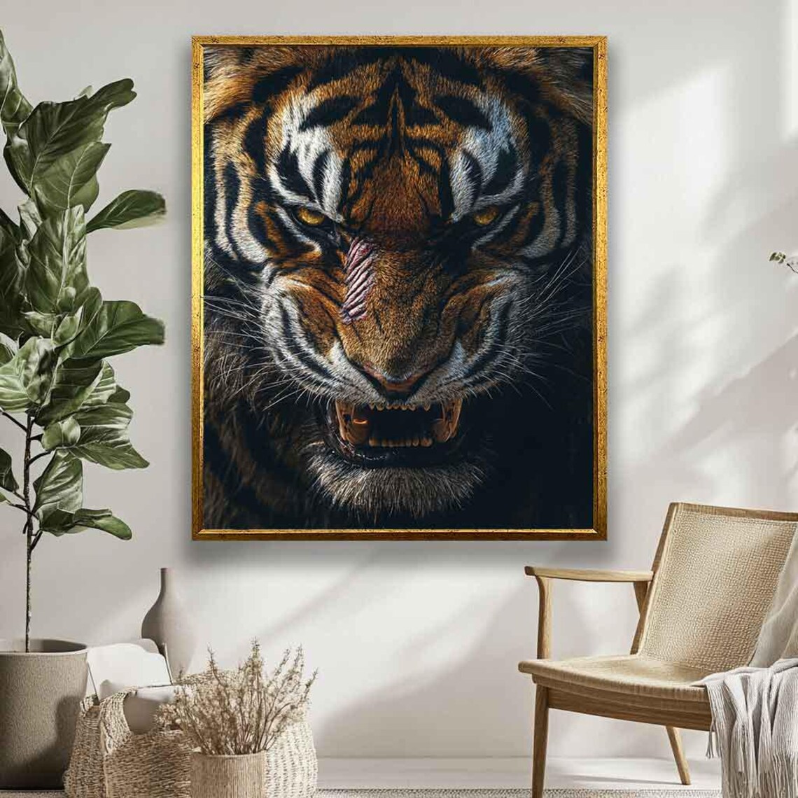 Scarred Fierce Tiger Face Close-Up Dramatic Wildlife Portrait Poster - Image 5