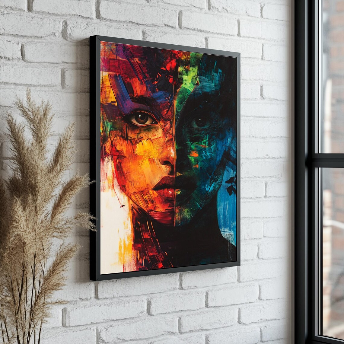 Split Face Abstract Portrait Fire And Teal Emotional Art Poster