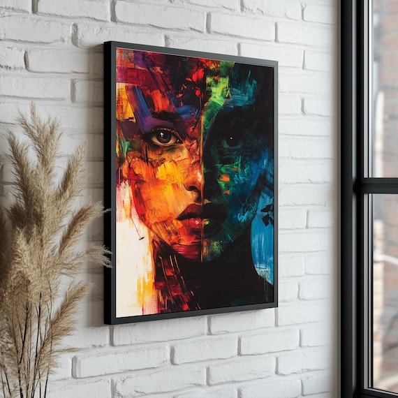 Split Face Abstract Portrait Fire And Teal Emotional Art Poster