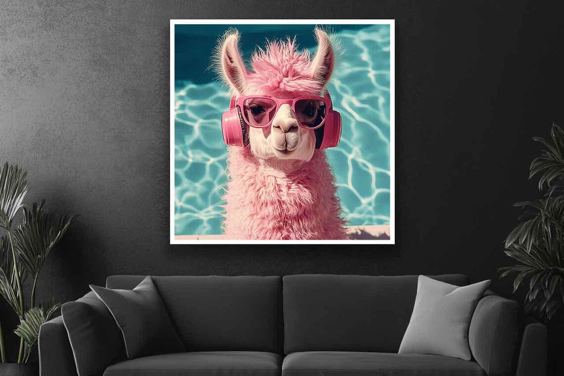 Fluffy Pink Llama in Pink Headphones and Sunglasses by the Pool Poster - Image 3