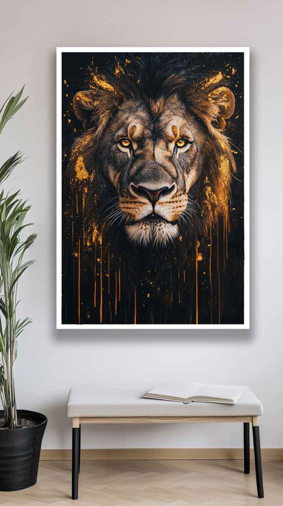 Black Lion Face Golden Paint Splash Dramatic Dark Wildlife Art Poster - Image 3