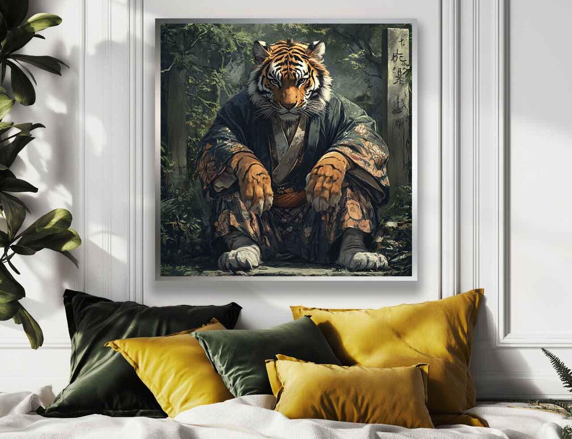 Regal Tiger in a Kimono Sitting Peacefully in a Forest Art Poster - Image 4