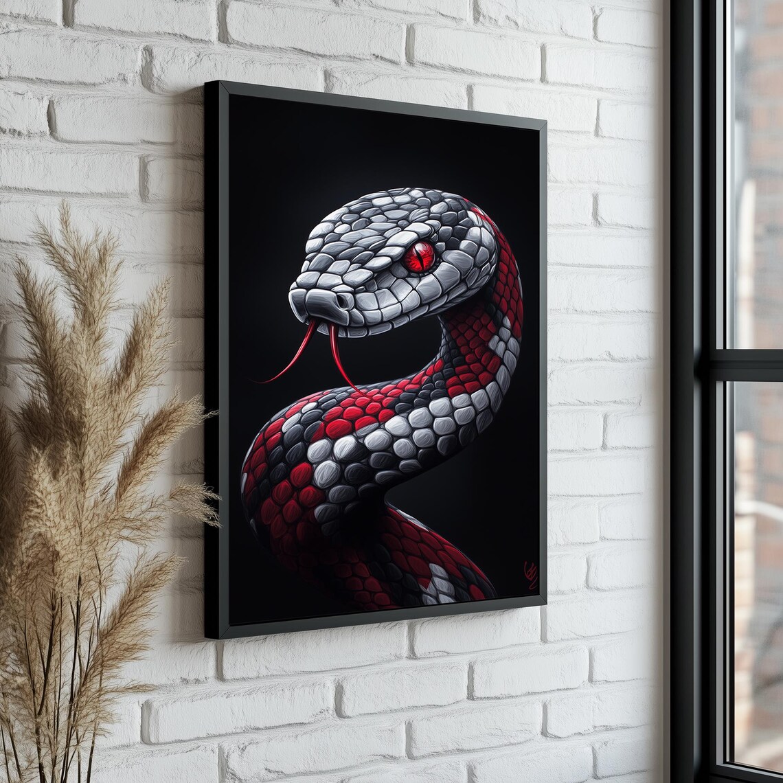 Red Eyed Black and Red Snake Coiled Portrait on Black Art Poster