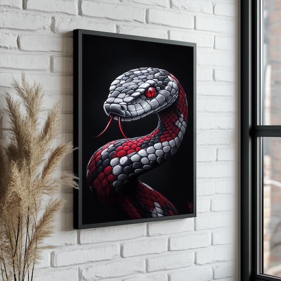 Red Eyed Black and Red Snake Coiled Portrait on Black Art Poster