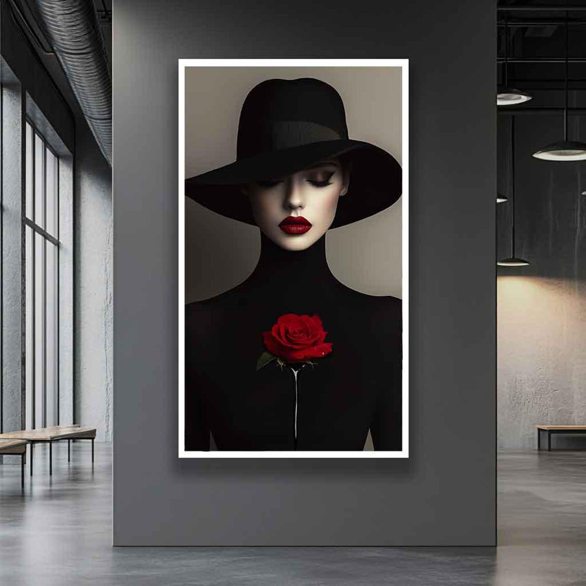 Woman Painting Woman In Black Dress Holding Red Rose Portrait Modern Fashion Wall Art Mysterious Lady With Rose Print - Image 5