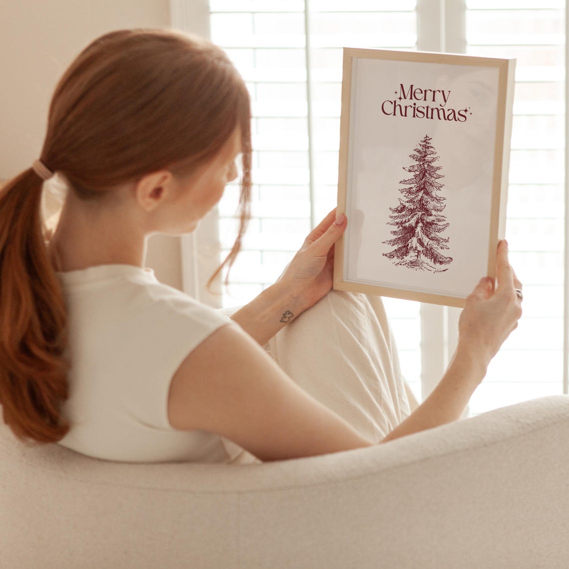 Merry Christmas Pine Tree Sketch Maroon Vintage Holiday Poster - Image 3